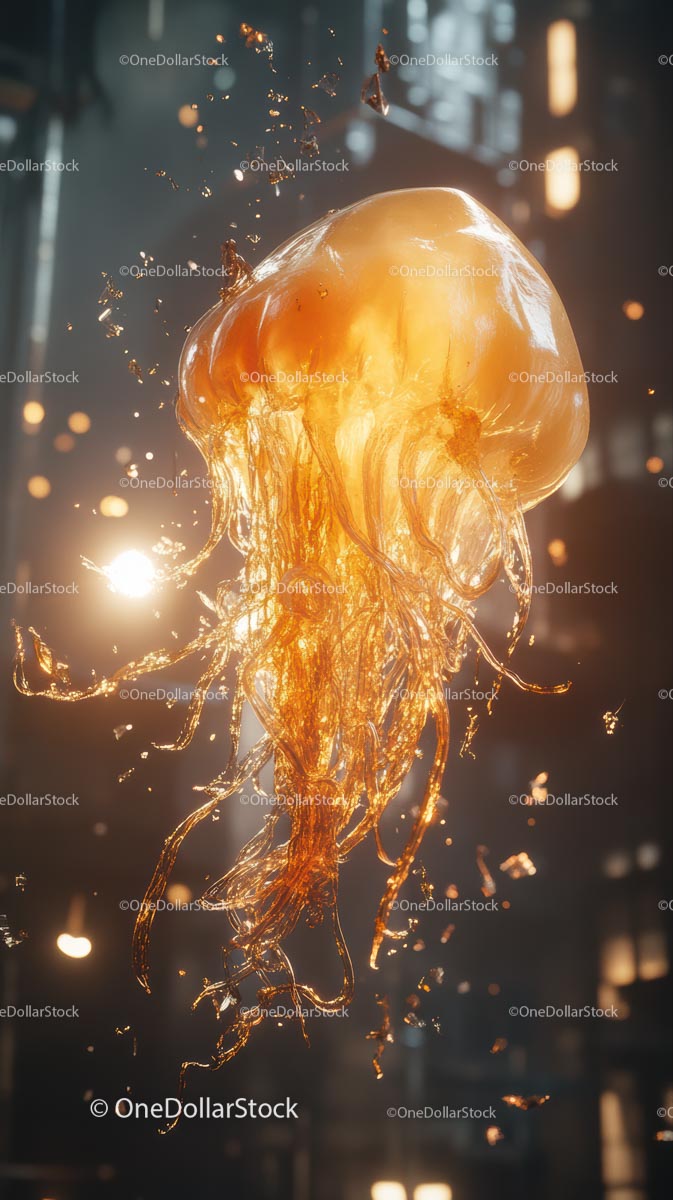 Glowing Orange Jellyfish in Deep Ocean with Illuminated Tentacles