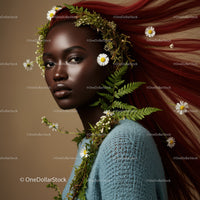 Elegant Portrait of a Woman with Flowing Red Hair and Botanical Accessories