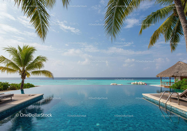 Relaxing Tropical Poolside Scene with Ocean View and Palm Trees
