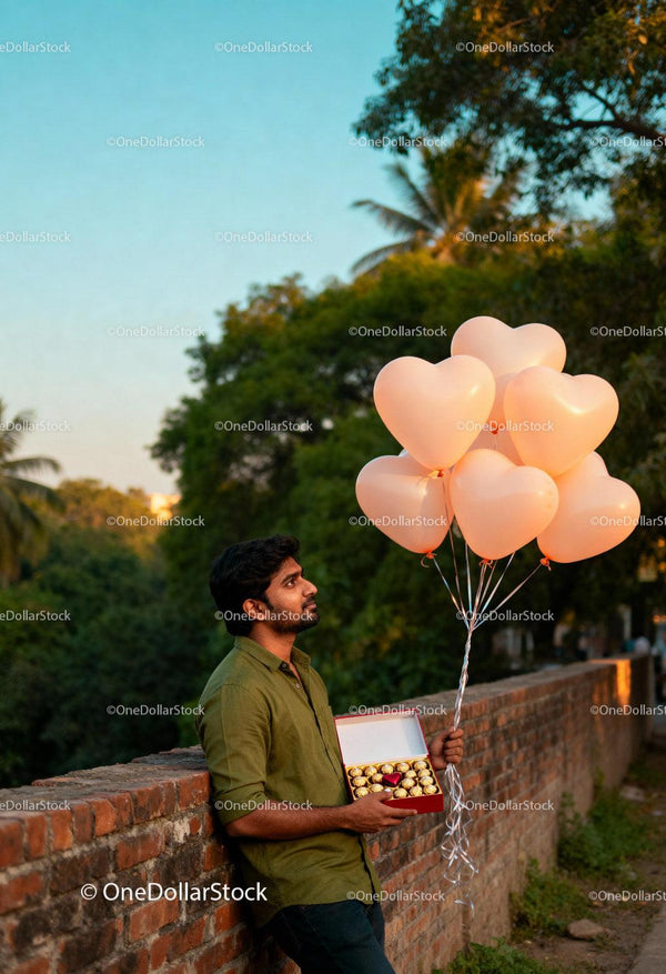 Man with heart-shaped balloons and chocolates outdoors