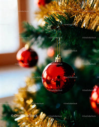 Red Christmas ornament hanging on decorated green tree