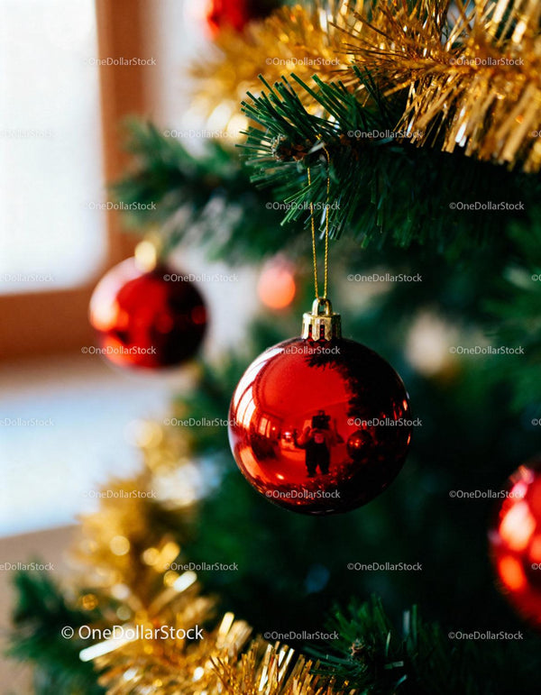 Red Christmas ornament hanging on decorated green tree