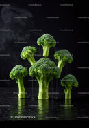 Fresh broccoli florets with water droplets on black