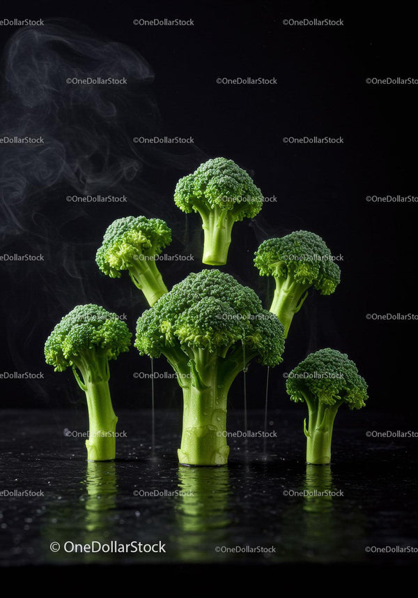 Fresh broccoli florets with water droplets on black