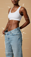 Confident Woman Holding Oversized Denim Jeans Casual Fashion Photo