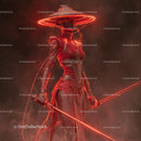 Futuristic Samurai in Neon Red Armor Holding Umbrella