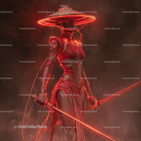 Futuristic Samurai in Neon Red Armor Holding Umbrella