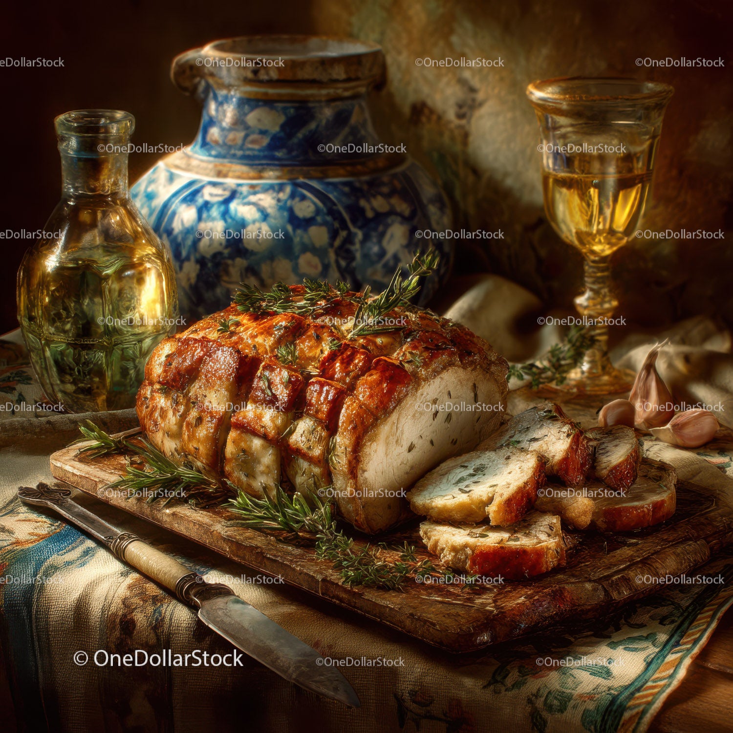 Gourmet Roast Pork with Herbs and Garlic on Rustic Table