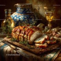 Gourmet Roast Pork with Herbs and Garlic on Rustic Table
