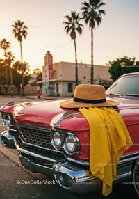 Vintage Pink Car with Straw Hat and Yellow Dress Fabric in Sunset