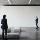 Business Professionals Walking in Modern Minimalist Lobby