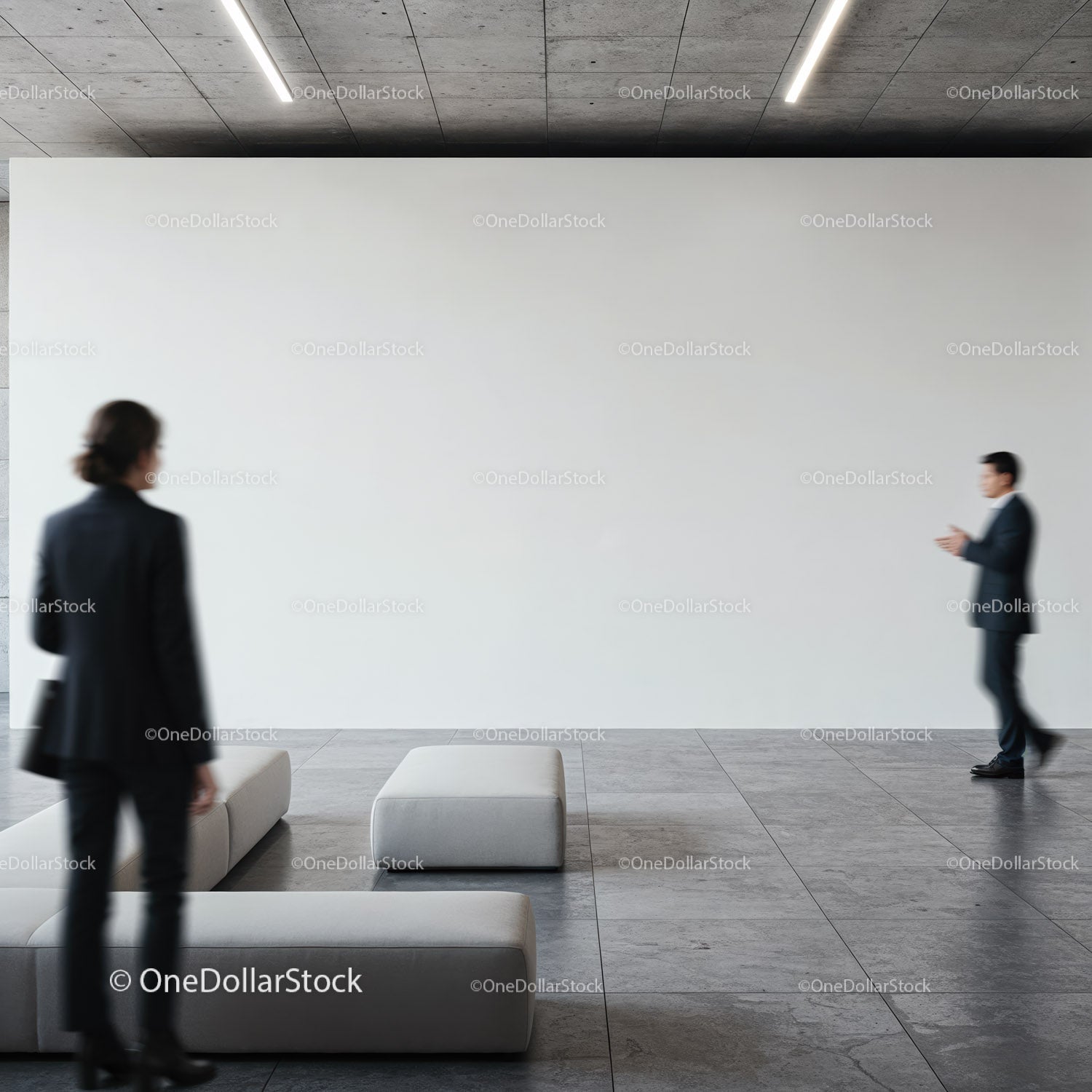 Business Professionals Walking in Modern Minimalist Lobby