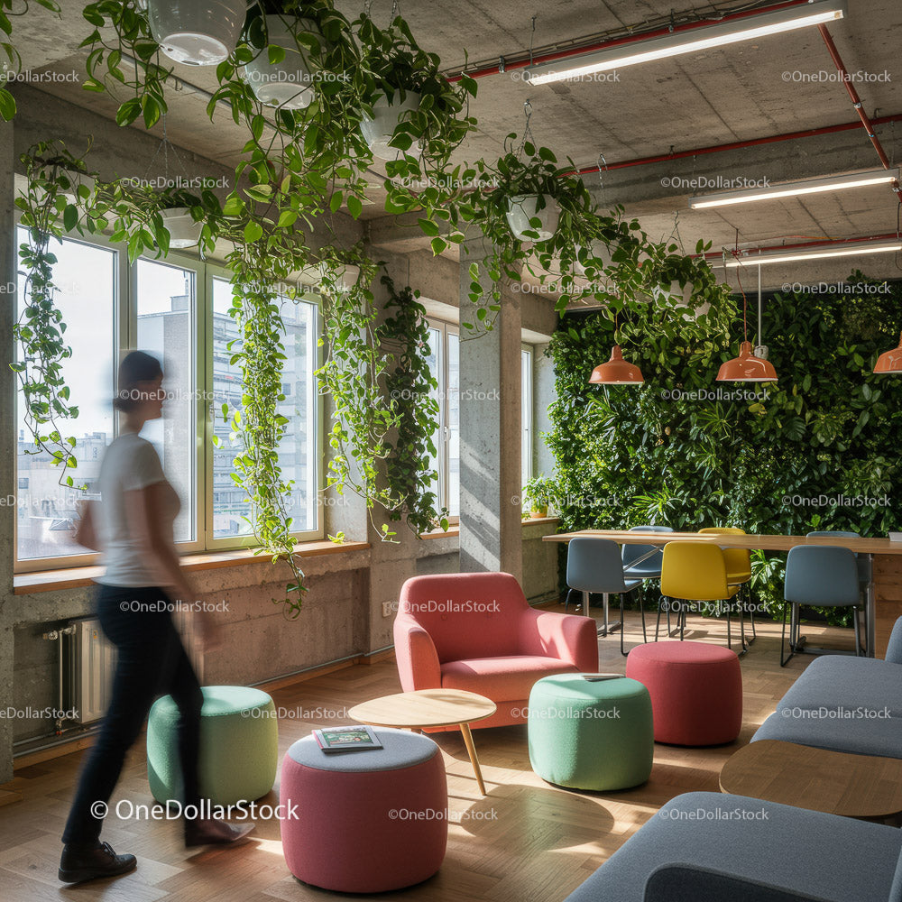 Stylish Office Space with Lush Greenery and Vibrant Lockers
