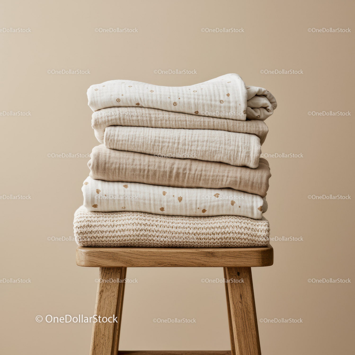 Stack of soft neutral toned textiles on wooden stool