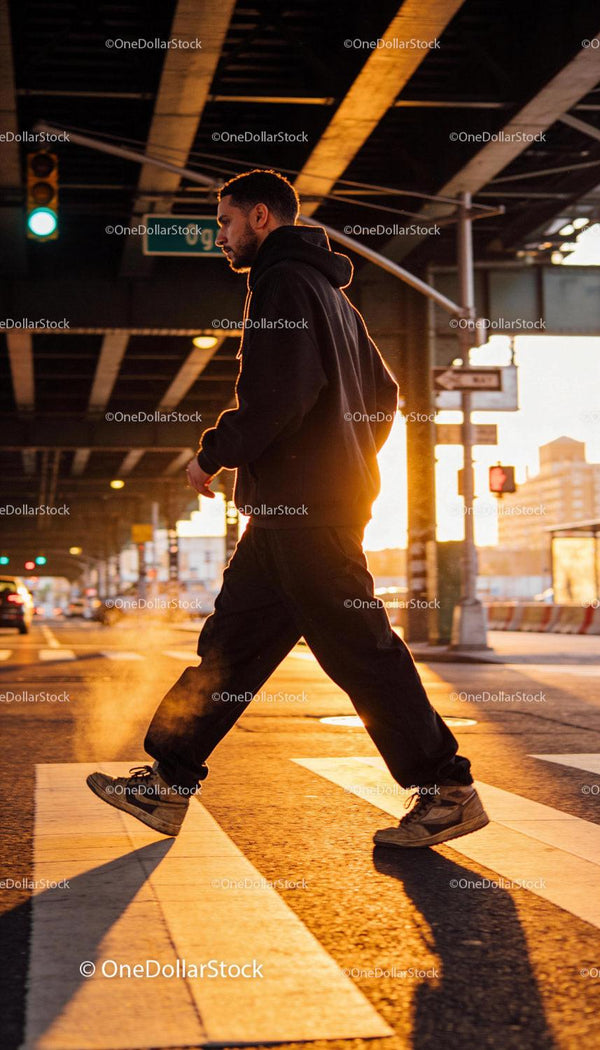 Man crossing street in urban hoodie during golden hour
