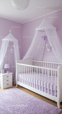 Nursery with Baby Crib and Canopy in Pastel Purple Baby Room