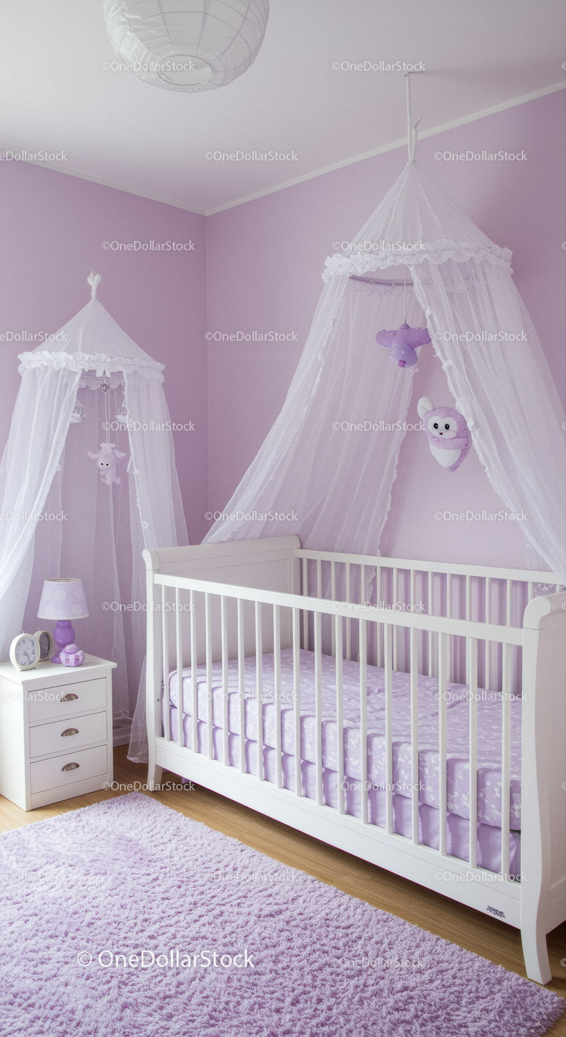 Nursery with Baby Crib and Canopy in Pastel Purple Baby Room