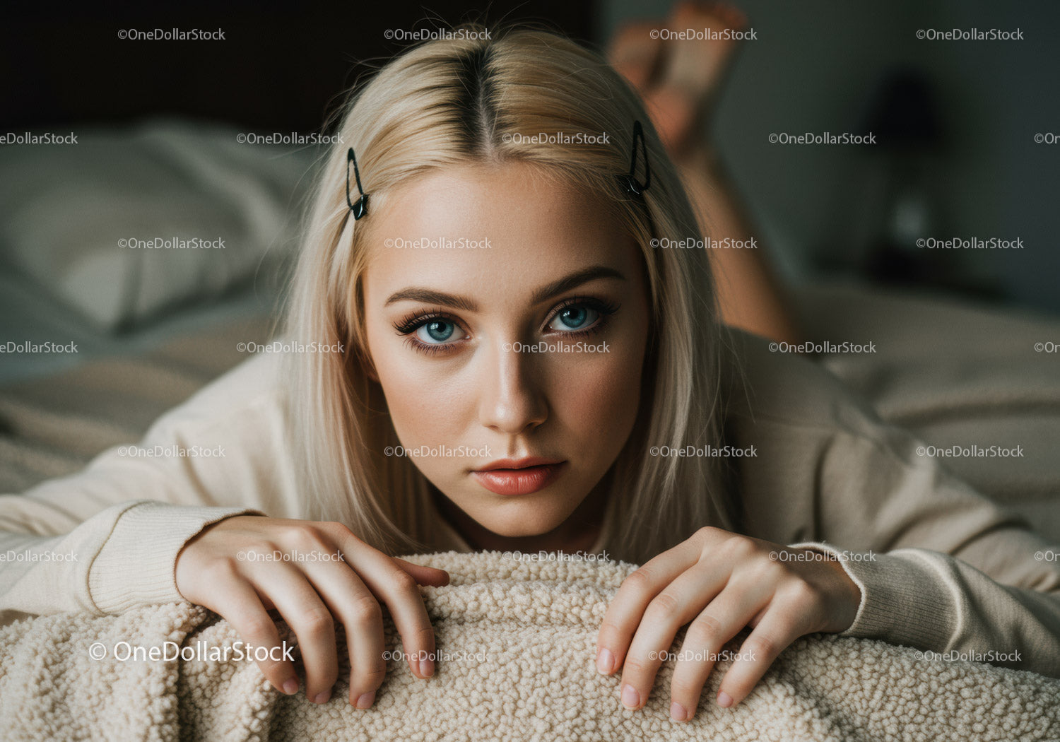 Młoda kobieta o niebieskich oczach i blond włosach leżąca na przytulnym łóżku