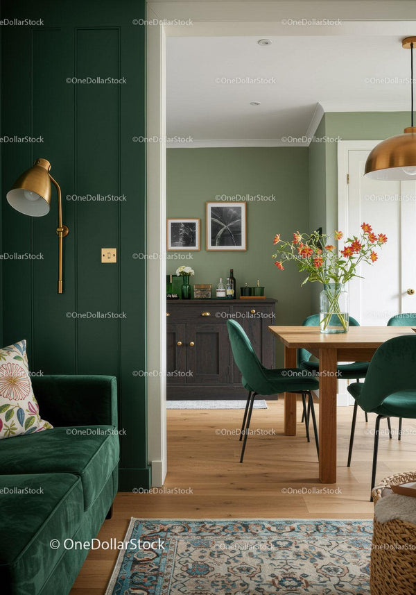 Elegant Green Accent Wall in Cozy Dining and Living Room Interior