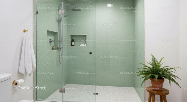 Modern Glass Shower with Green Subway Tiles and Natural Décor