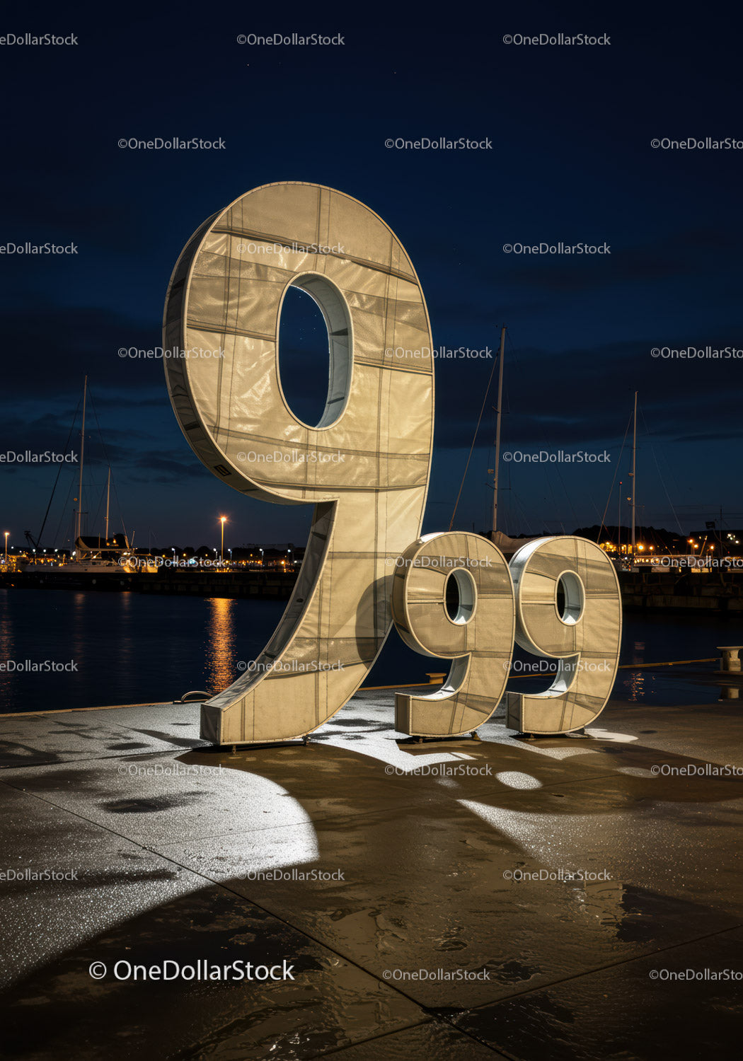 Podświetlana rzeźba numeru 999 w Night Harbor