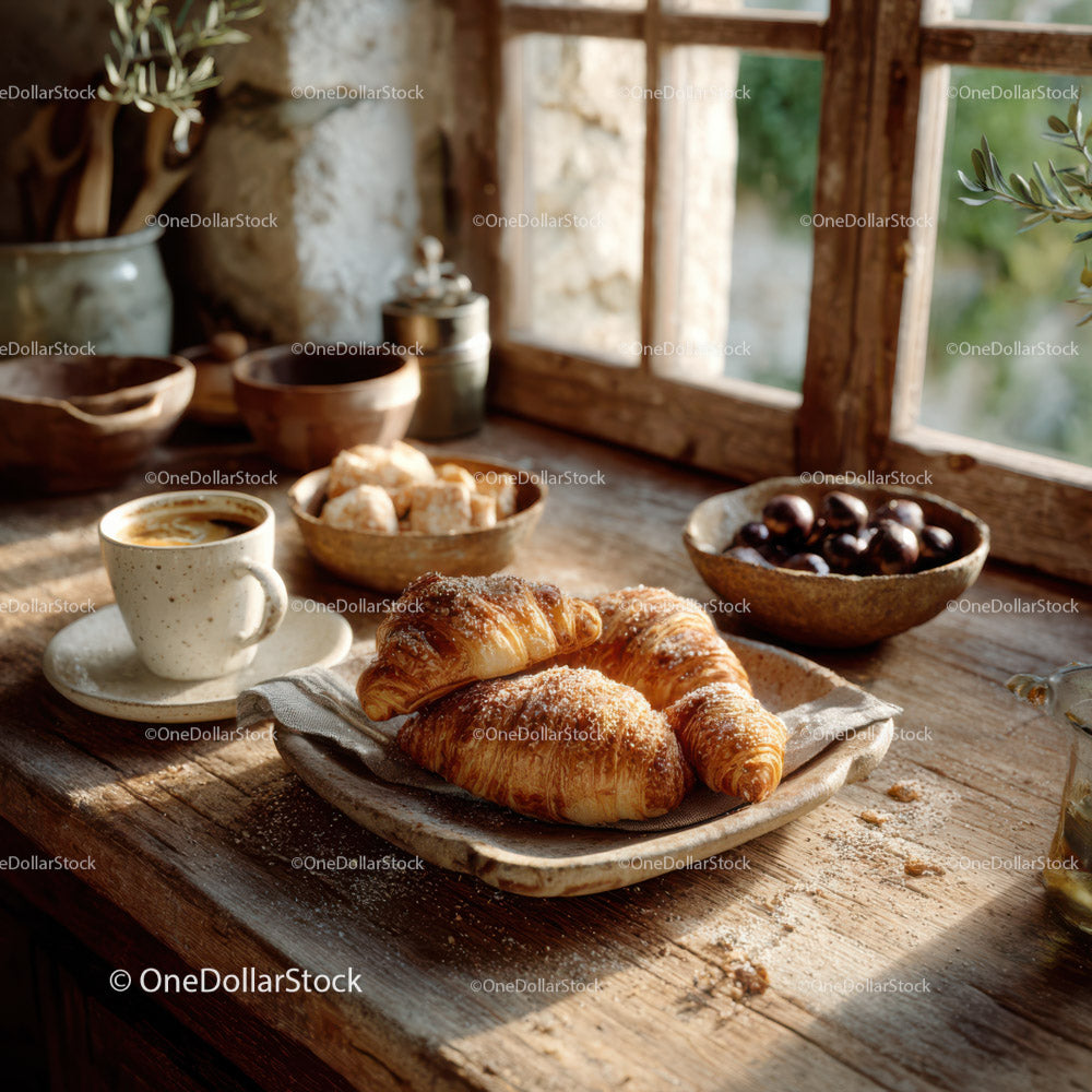 Świeże croissanty i kawa na rustykalnym drewnianym stole kuchennym