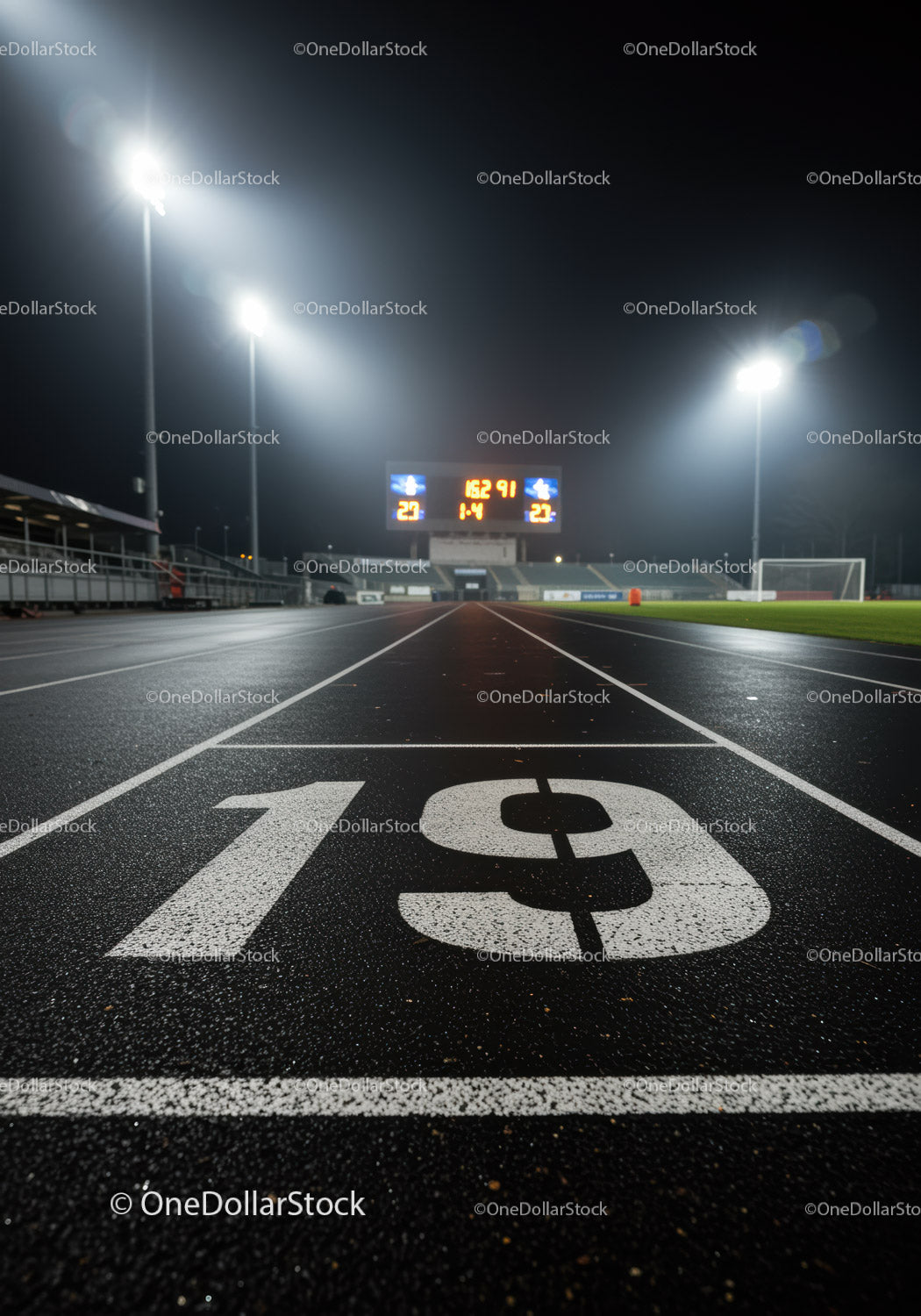 Night view of an illuminated running track starting line