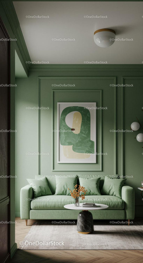 Elegant Green Sofa in a Modern Living Room with Abstract Artwork