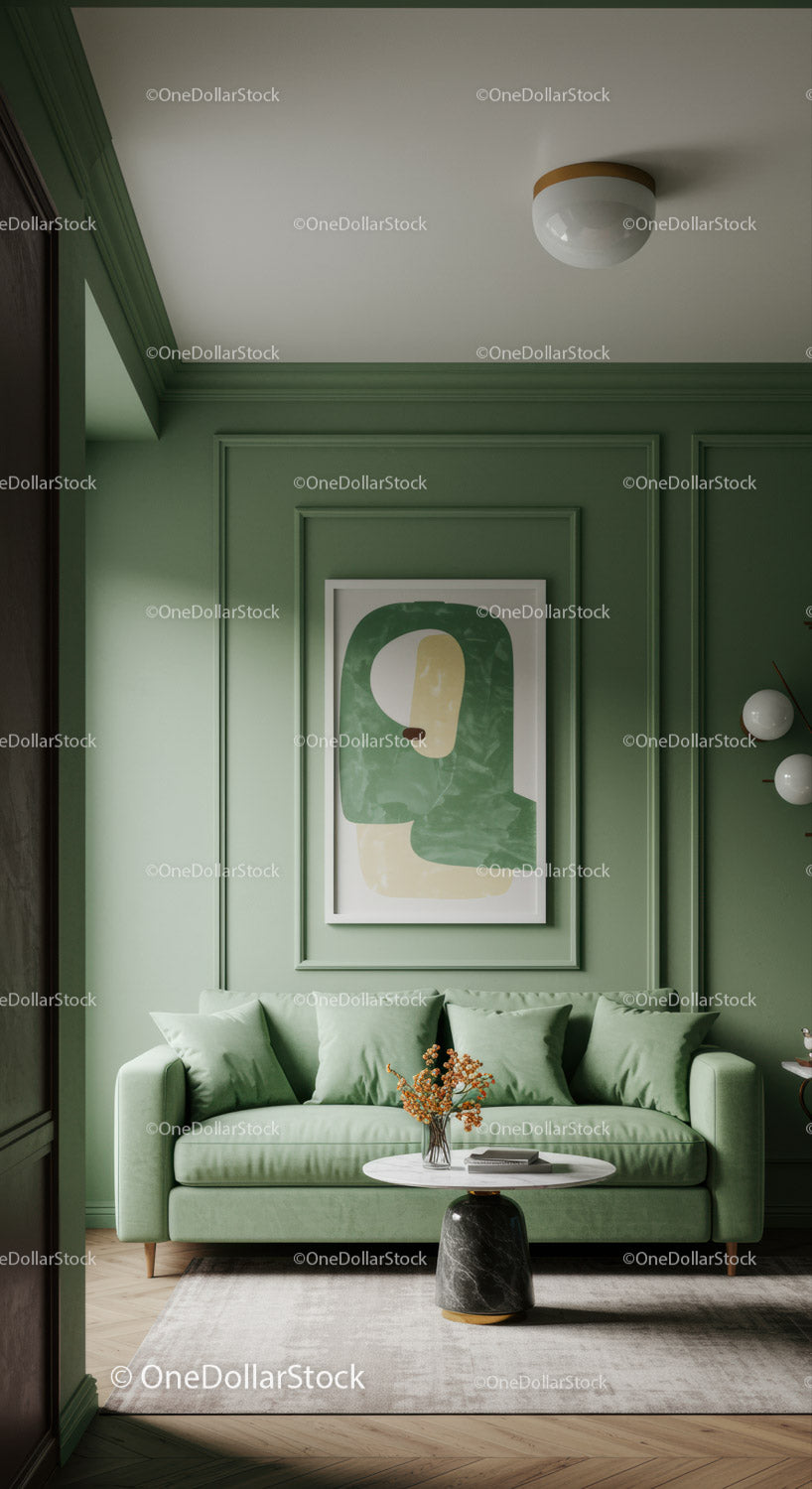 Elegant Green Sofa in a Modern Living Room with Abstract Artwork