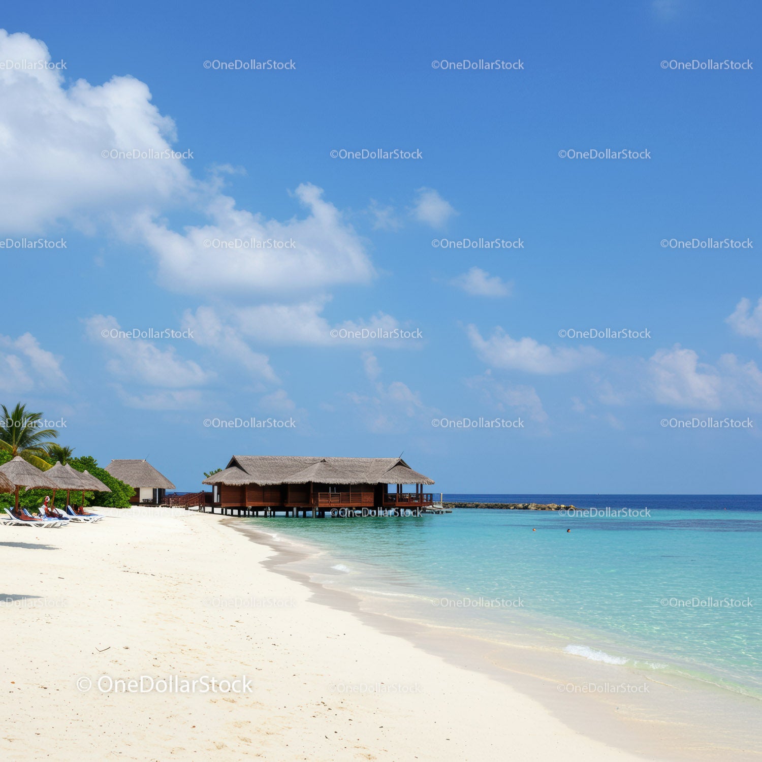 Tropical Beach with Overwater Bungalows and Clear Blue Water
