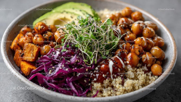 Colorful Vegan Bowls with Chickpeas Sweet Potatoes Red Cabbage and Quinoa Stock Photo Bundle (26 JPG Files)