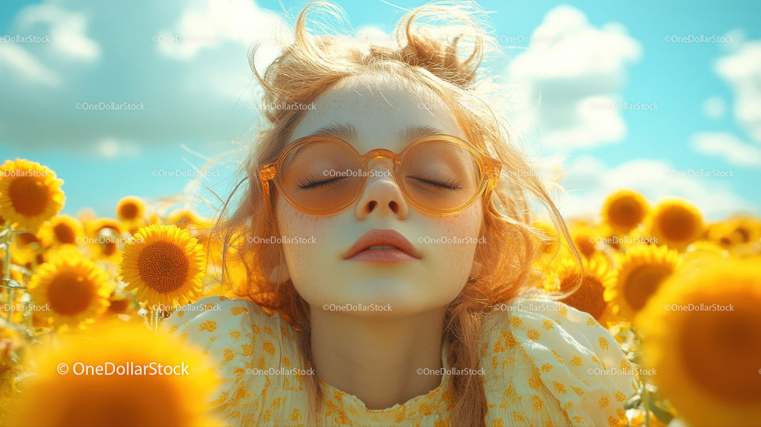 Young Woman with Orange Hair and Sunglasses in Bright Sunflower Field