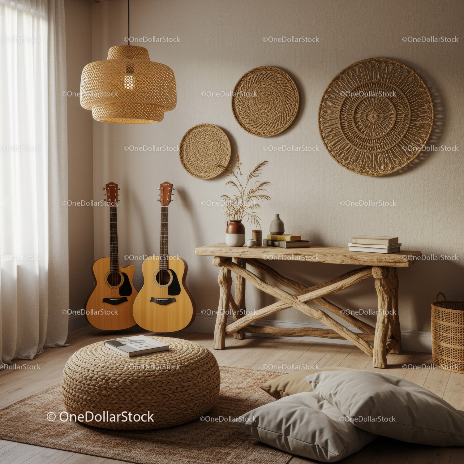 Przytulny salon w stylu boho z gitarami akustycznymi i naturalnym wystrojem