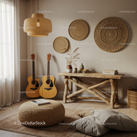 Cozy boho living room with acoustic guitars and natural decor