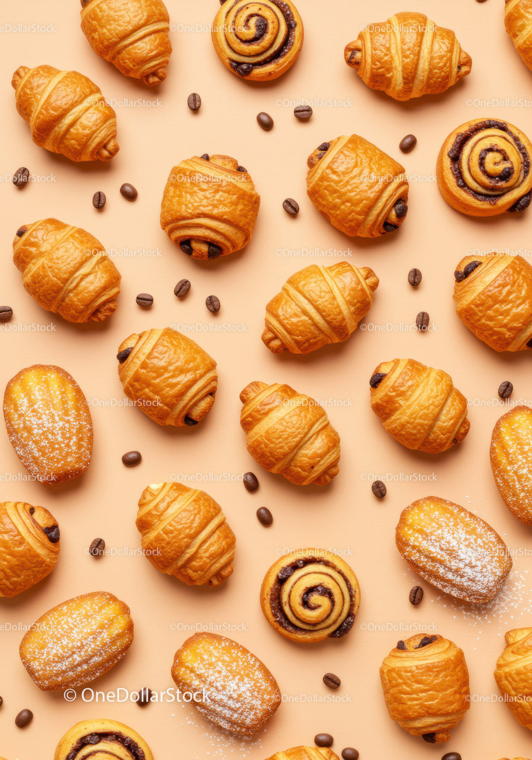 Assorted French Pastries with Coffee Beans on Beige