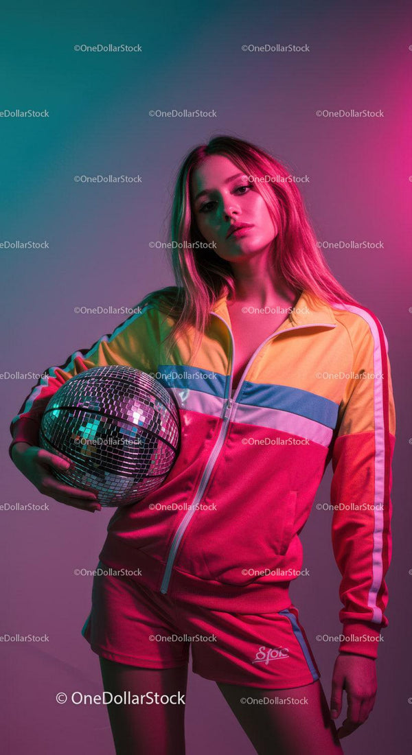Vibrant Young Woman in Colorful Tracksuit Holding Disco Ball in Pink Lighting