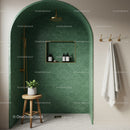 Elegant Green Tiled Shower with Wooden Stool and Plant