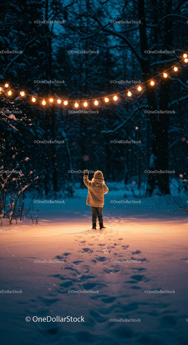 Child Reaching for Festive Lights in Snowy Forest