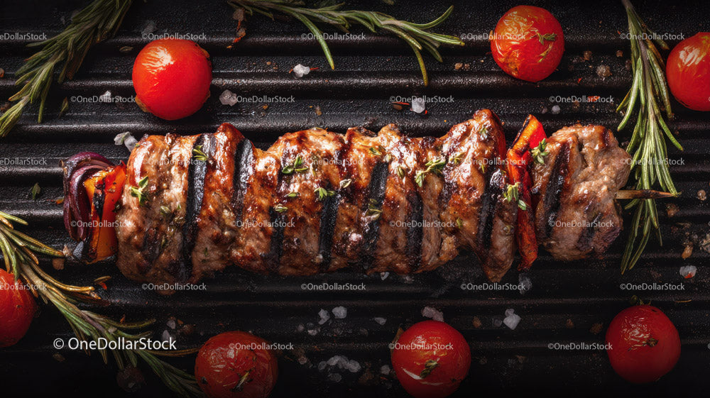 Colorful Grilled Meat and Vegetable Skewers on Barbecue Grill