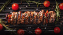 Colorful Grilled Meat and Vegetable Skewers on Barbecue Grill