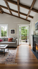 Modern living room with fireplace and open balcony doors