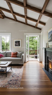 Modern living room with fireplace and open balcony doors