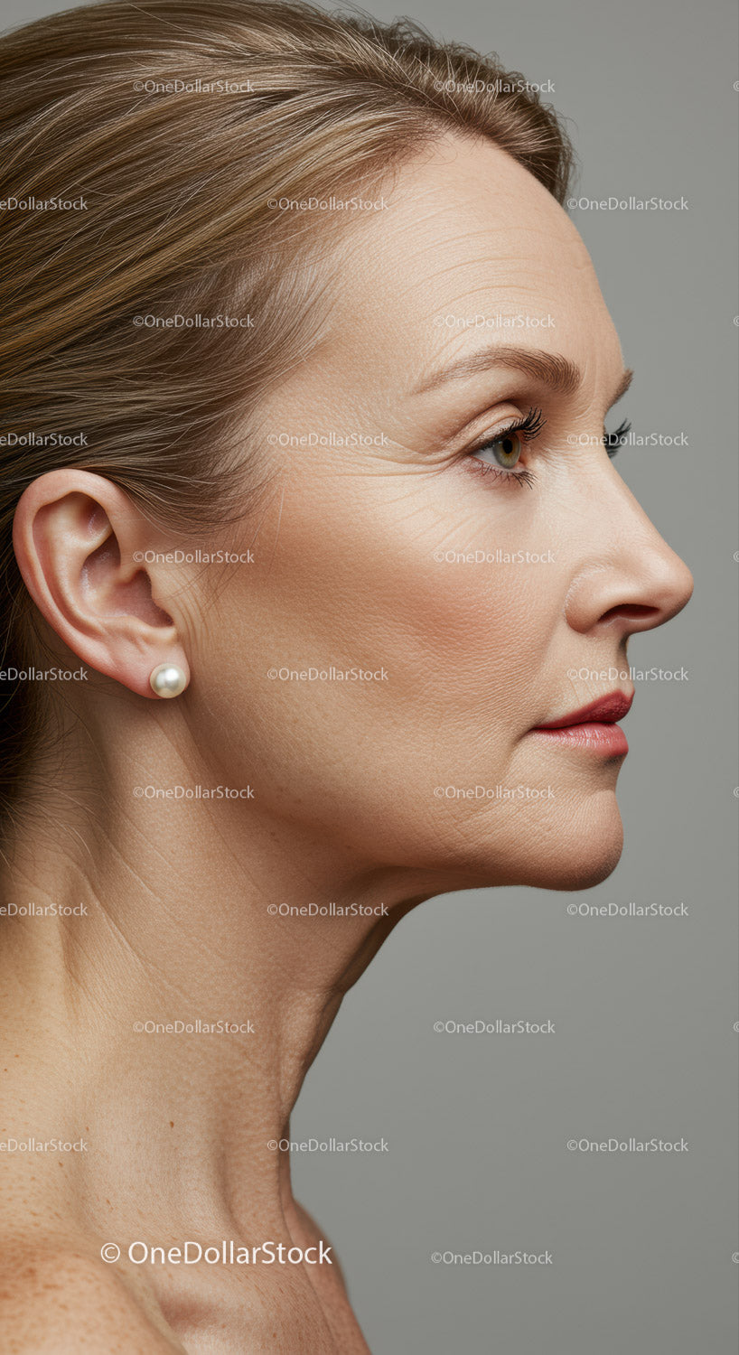 Elegant Mature Woman Side Profile with Pearl Earring and Natural Makeup