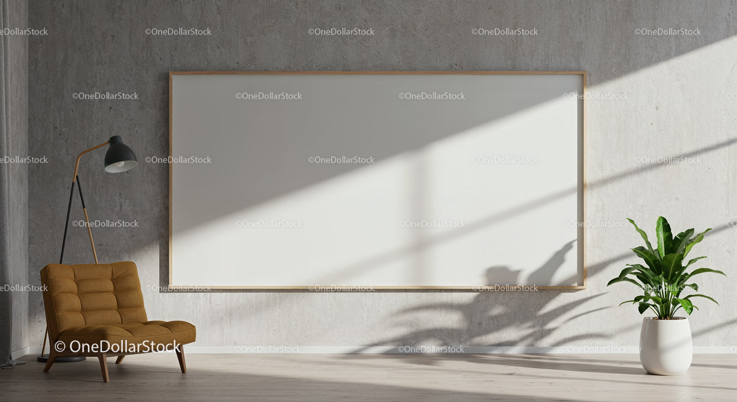 Minimalist living room with empty wall art space