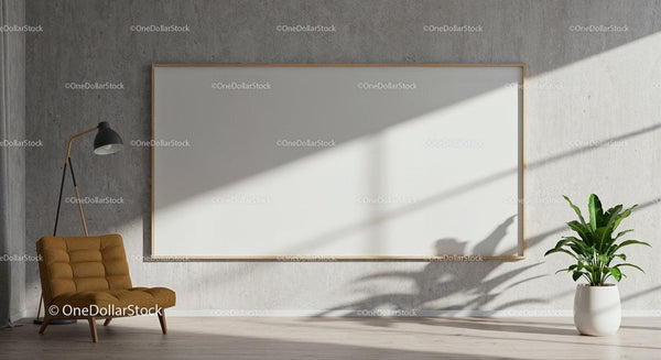 Minimalist living room with empty wall art space JPG Mockup Image