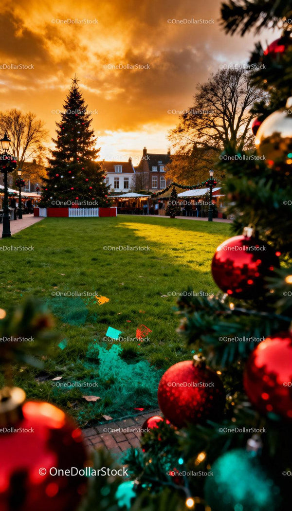 Festive Christmas Tree in a Cozy Town Square at Sunset