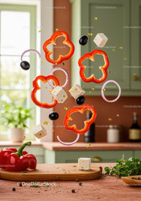 Fresh Mediterranean Ingredients Floating Above Wooden Board
