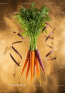 Fresh colorful carrots with green tops and soil dust