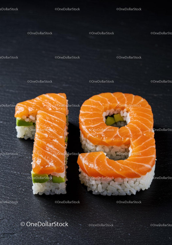 Liczba dziewiętnaście stworzona z kawałków świeżego sushi z łososia
