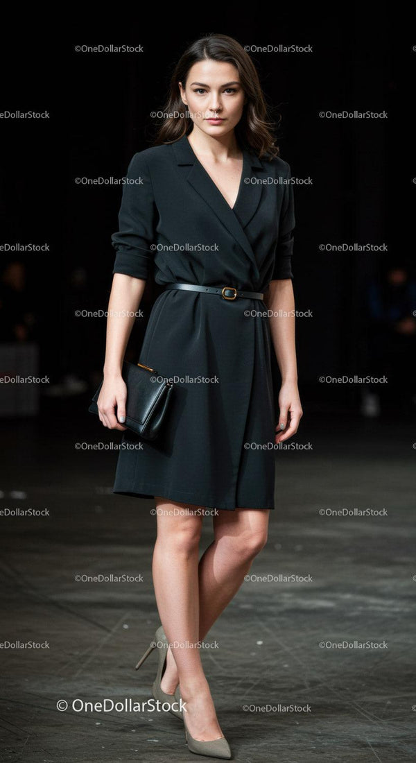Elegant Black Dress and Clutch Bag on Fashion Model Catwalk